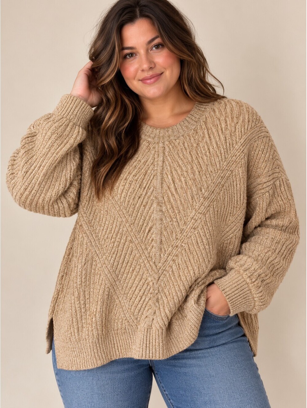 Simply Vera Vera Wang XXL Camel Ribbed Chevron Crewneck Sweater Hi Low